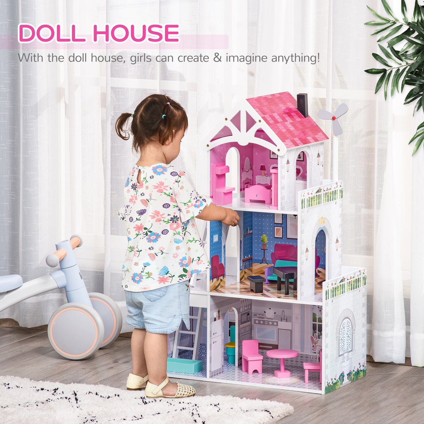 HOMCOM Kids Wooden Dolls house with Furniture Accessories 3 Storey Dollhouse for Toddler Girls 3-6 Years Pink