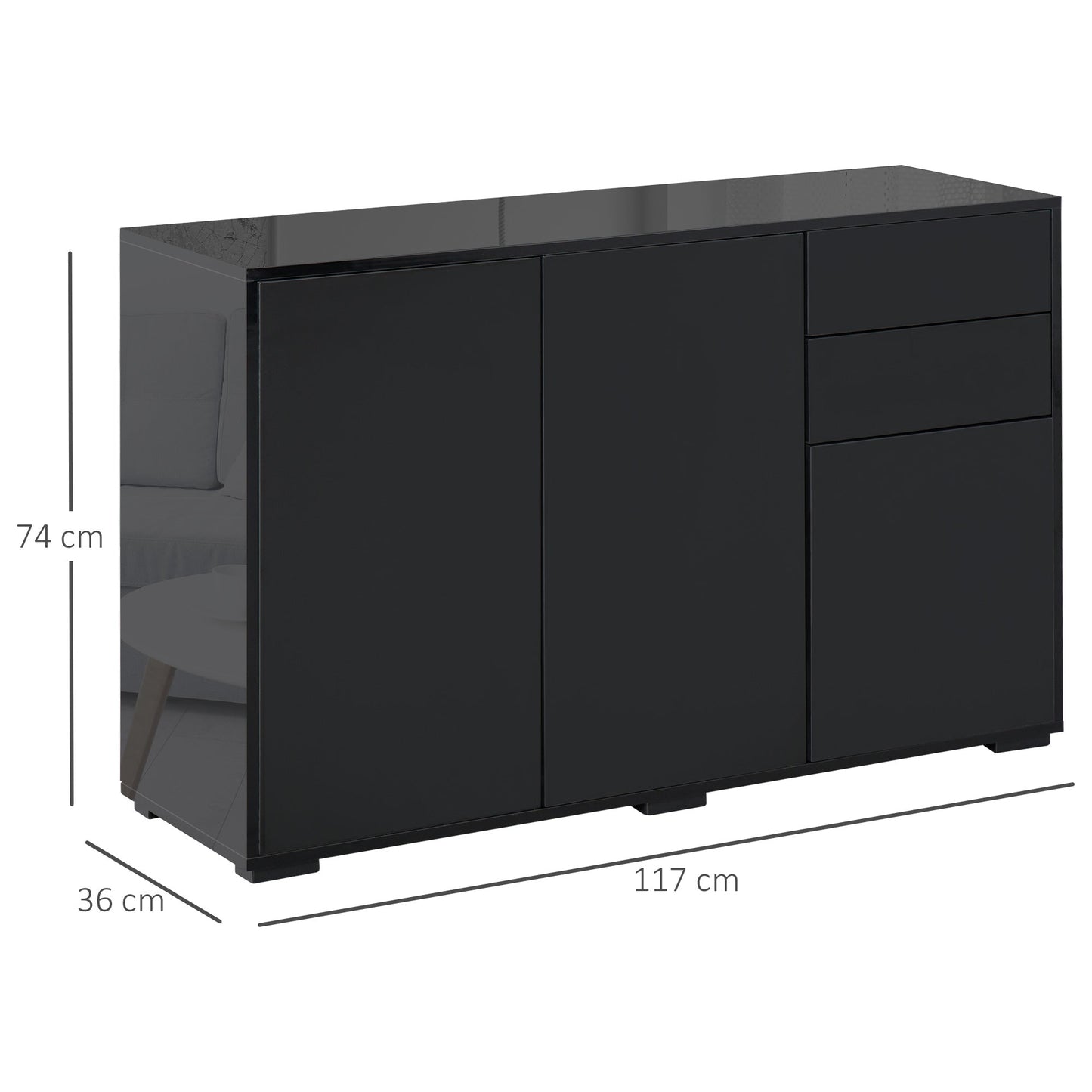 HOMCOM High Gloss Frame Sideboard, Side Cabinet, Push-Open Design with 2 Drawer for Living Room, Bedroom, Black