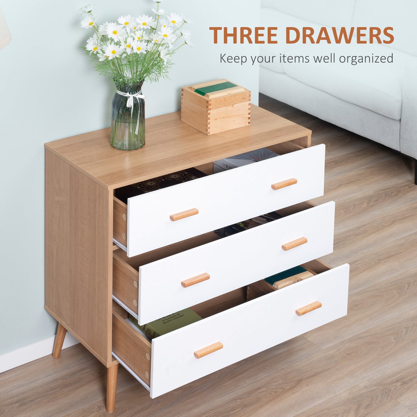 HOMCOM Chest of Drawers with 3 Drawers, Bedroom Cabinet, Storage Organizer for Living Room, White and Natural