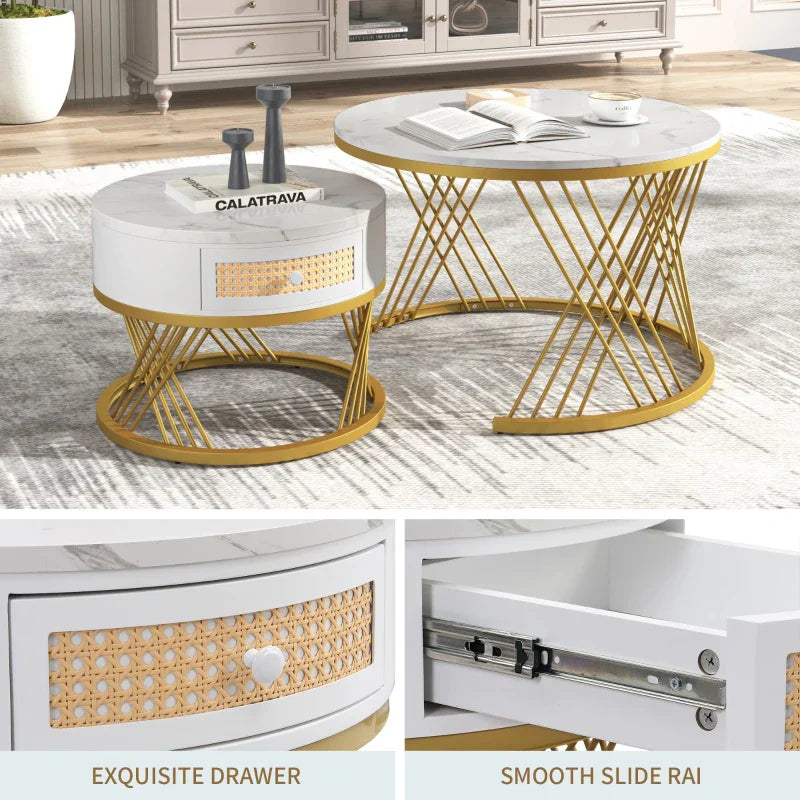 2-in-1 Marble Coffee Table Set with Marble Grain Veneer Top, Rattan Drawers, and Solid Wood Handles, Gold Iron Legs, 70x70x45.5 cm + 50x50x38.5 cm, White+Gold