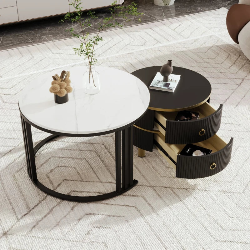 2-in-1 Round Marble Coffee Table Set with Glossy Tops, 2 Drawers, 70x70x46 + 50x50x40 cm, White+Black