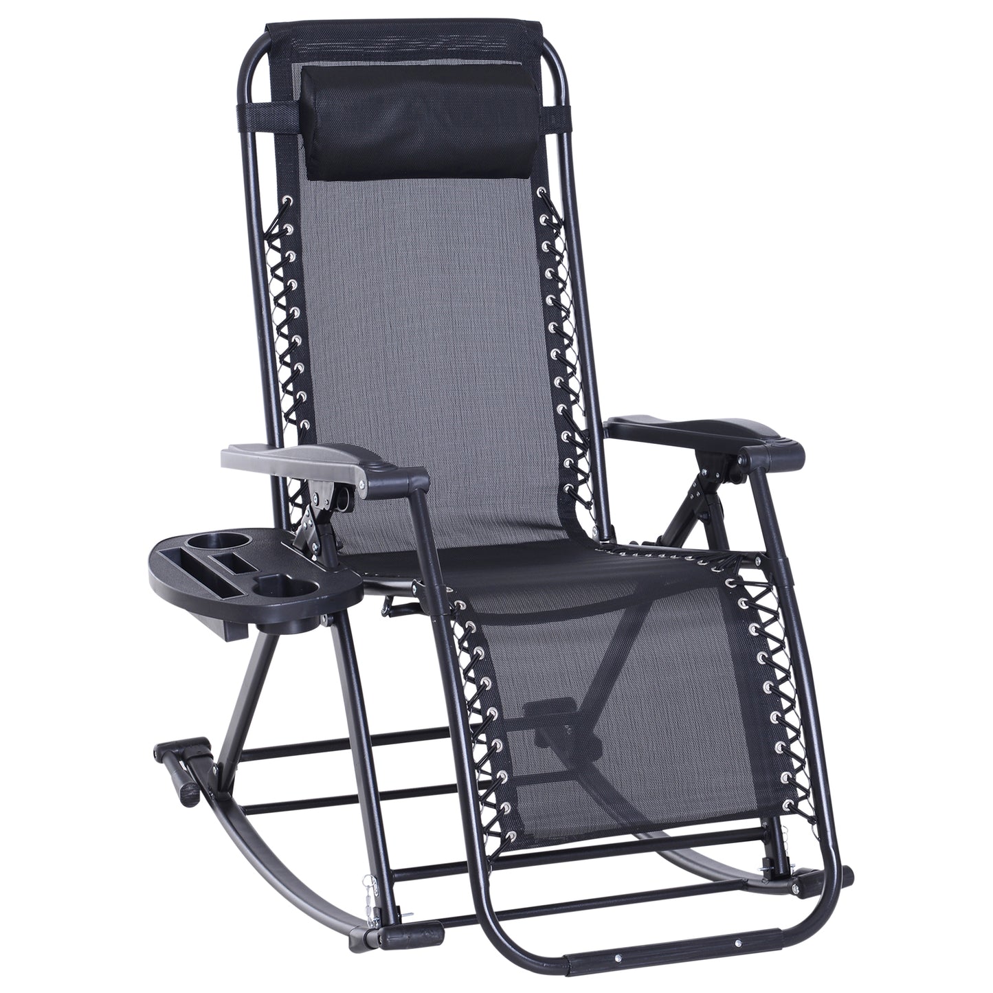 Outsunny Foldable Garden Rocking Chair, Outdoor Recliner Sun Lounger with Breath Mesh Fabric, Zero-Gravity Seat with Headrest, Cup Holder Tray, Black