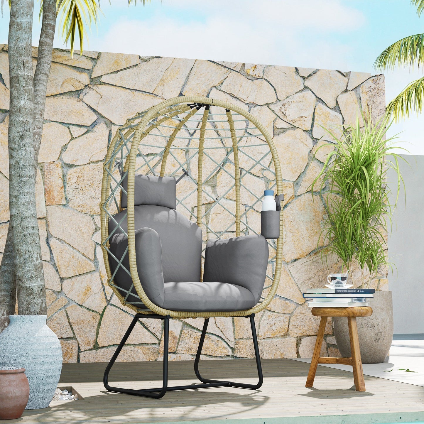 Outsunny Rattan Egg Chair Outdoor Indoor Wicker Chair with Thickened Cushion and Headrest, Standing Garden Egg Chair with Cup Holder, Metal Frame for Patio, Balcony, Grey