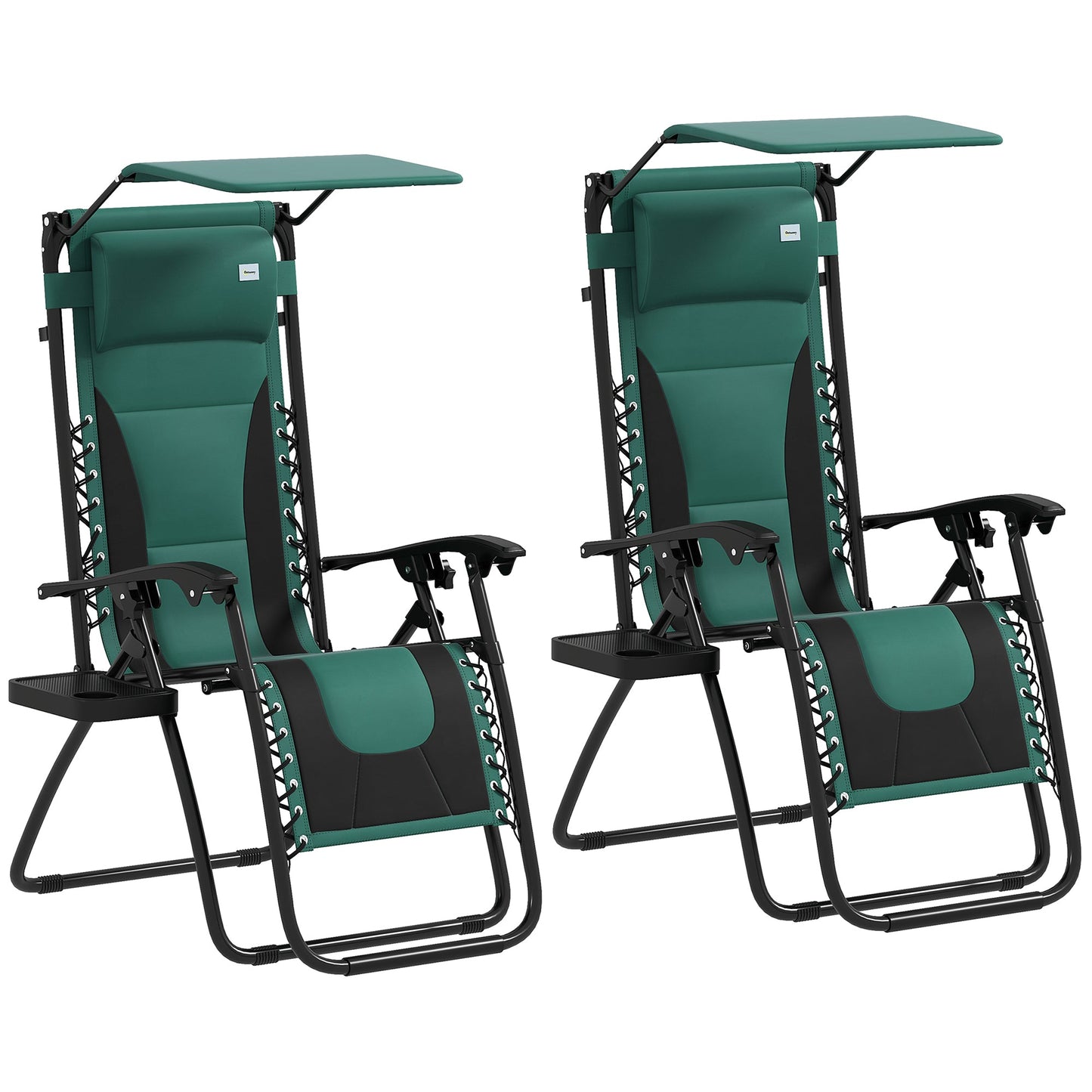 Outsunny Zero Gravity Lounger Chair Set of 2, Folding Reclining Patio Chair with Shade Cover, Padded Seat, Cup Holder, Soft Cushion and Headrest for Poolside, Camping, Green