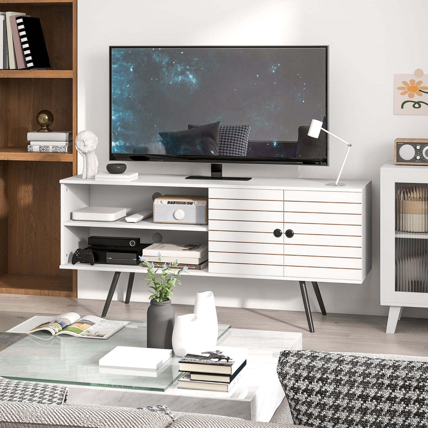 HOMCOM TV Stand with Cupboard, Open Shelves, Striped Doors, Wooden legs, White