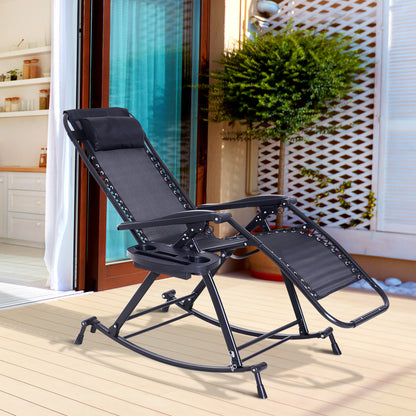 Outsunny Foldable Garden Rocking Chair, Outdoor Recliner Sun Lounger with Breath Mesh Fabric, Zero-Gravity Seat with Headrest, Cup Holder Tray, Black