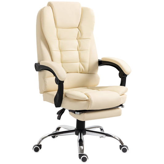 HOMCOM Executive Office Chair, Home Office Chair with Swivel Wheels, Reclining Backrest, Retractable Footrest, Cream White