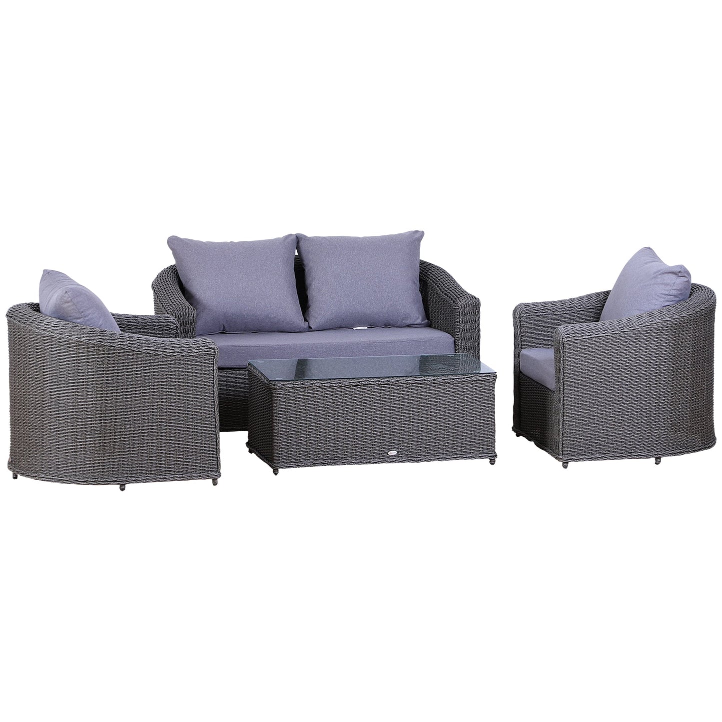 Outsunny Deluxe Round PE Rattan Garden Furniture Set, Fully-assembly Outdoor Sofa Set with Armchair, Loveseat, Glass Top Coffee Table, Aluminium Frame, Cushion, Grey