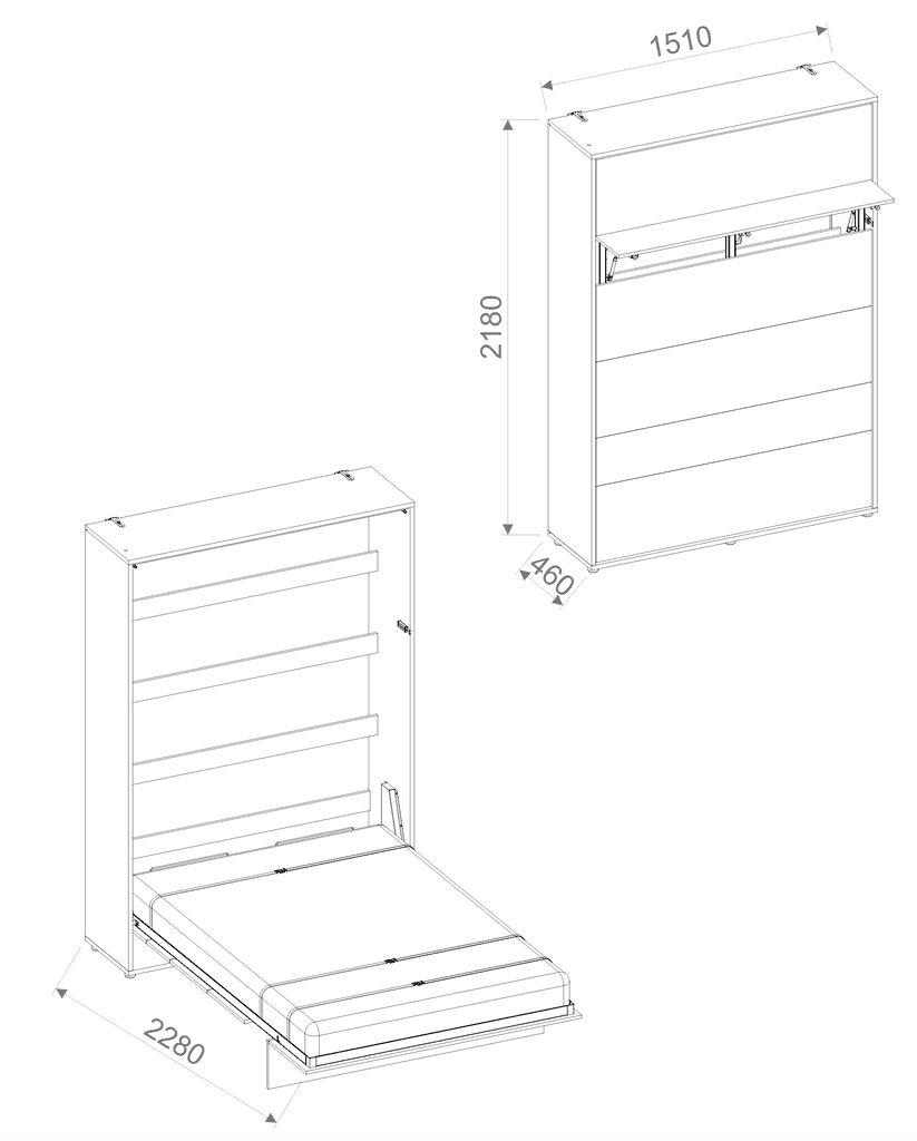 BC-01 Vertical Wall Bed Concept 140cm With Storage Cabinets and LED