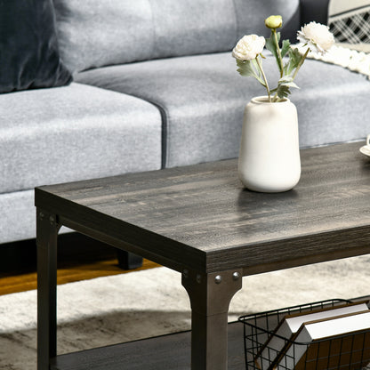 HOMCOM Rustic Coffee Table, Centre Table with Storage Shelf and Steel Frame, Coffee Tables for Living Room, Dark Walnut