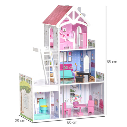 HOMCOM Kids Wooden Dolls house with Furniture Accessories 3 Storey Dollhouse for Toddler Girls 3-6 Years Pink