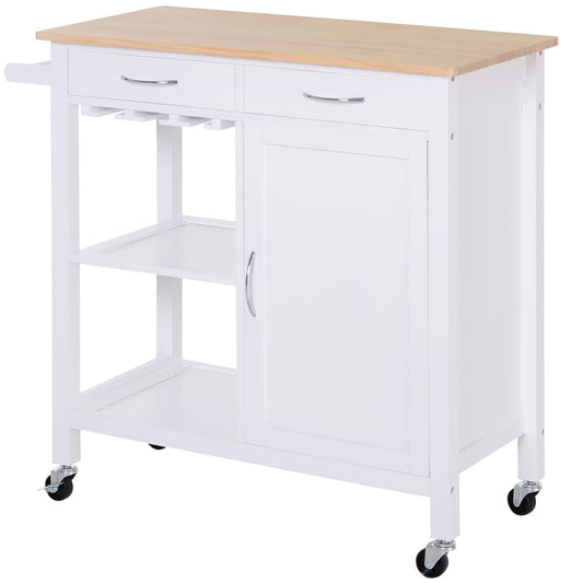 HOMCOM Kitchen Storage Trolley Cart Cupboard Rolling Wheels Shelves Cabinet Island W/ Drawers Towel Rail Wine Glass Rack Pine Wood Worktop White