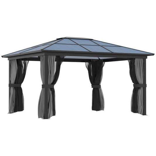 Outsunny 3.6 x 4m Hardtop Gazebo Canopy with Polycarbonate Roof, Aluminium Frame, Permanent Pavilion Garden Gazebo with Netting and Curtains for Patio, Deck, Dark Grey