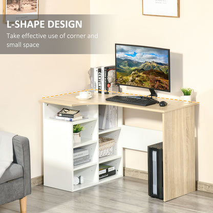 HOMCOM L-Shaped Desk, Corner Computer Desk, Study Table with Storage Shelf Office Home Workstation - Oak Tone and White