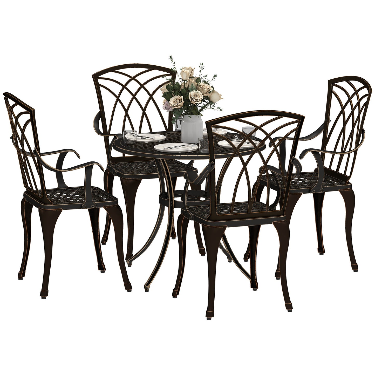 Outsunny 5 Pieces Garden Dining Set for 4, Cast Aluminium Outdoor Dining Set with 4 Armchairs and Round Dining Table with Parasol Hole, Garden Furniture Set, Bronze Tone