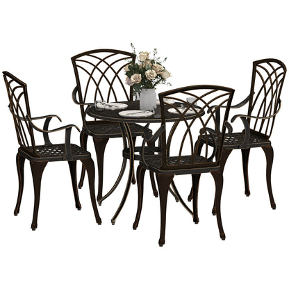 Outsunny 5 Pieces Garden Dining Set for 4, Cast Aluminium Outdoor Dining Set with 4 Armchairs and Round Dining Table with Parasol Hole, Garden Furniture Set, Bronze Tone