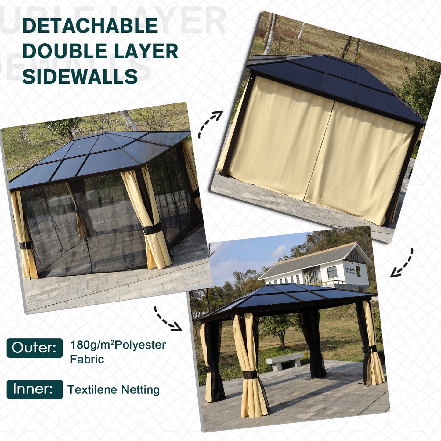 Outsunny 3 x 3.6m Polycarbonate Hardtop Gazebo with LED Solar Light and Aluminium Frame, Garden Pavilion with Mosquito Netting and Curtains