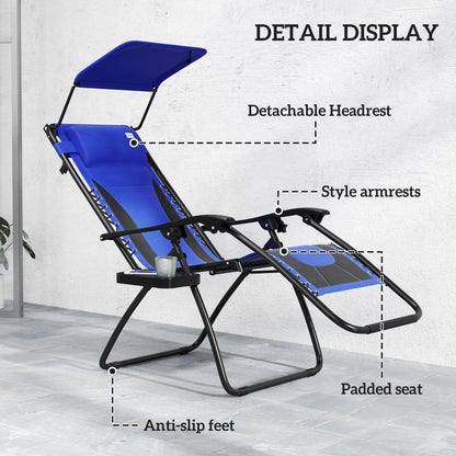 Outsunny Zero Gravity Lounger Chair, Folding Reclining Patio Chair with Shade Cover, Padded Seat, Cup Holder, Soft Cushion and Headrest for Poolside, Camping, Blue