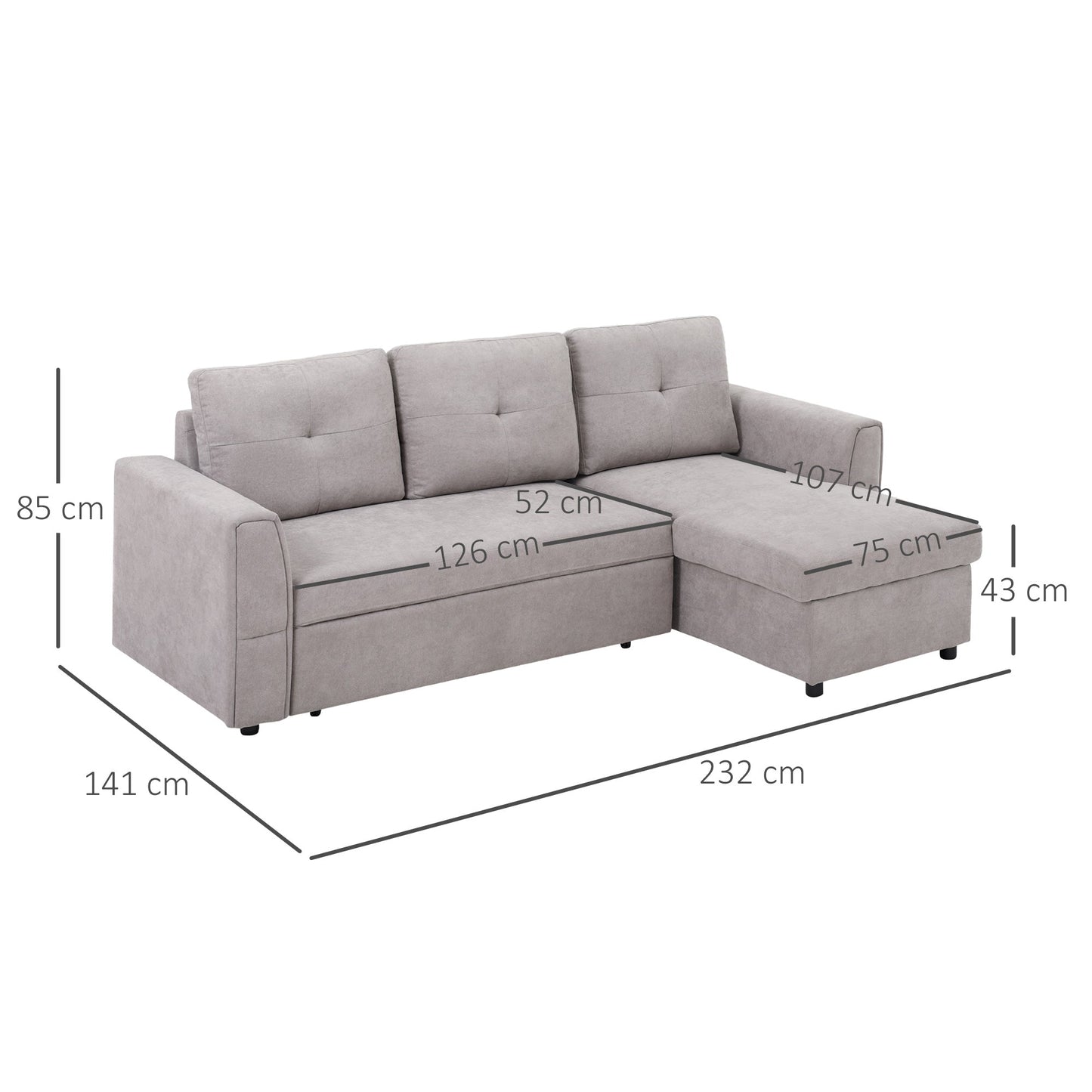 HOMCOM Linen-Look 'L' Storage Sofa Bed - Light Grey