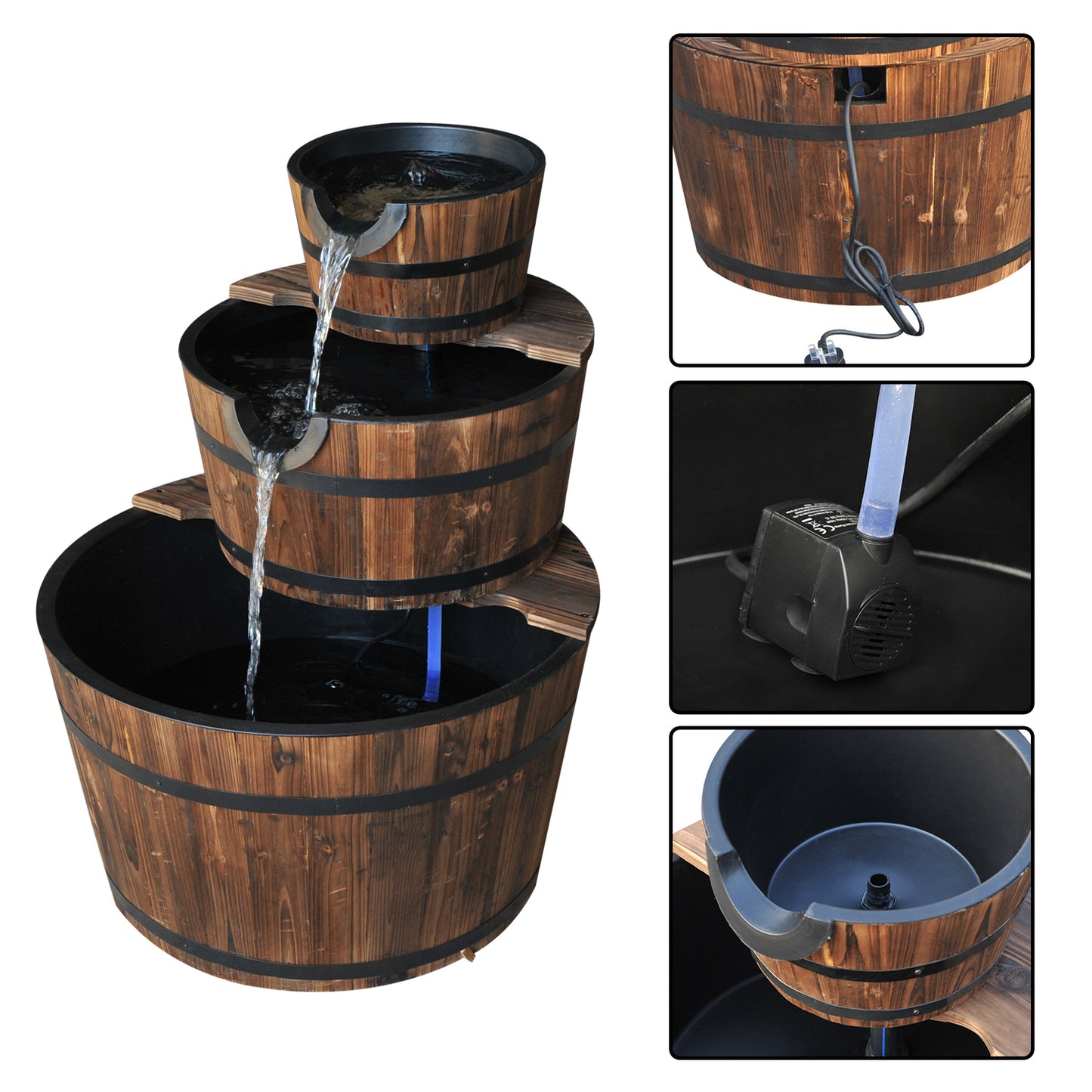 Outsunny Wooden Water Pump Fountain Cascading Feature Barrel Garden Deck (3 Tier)