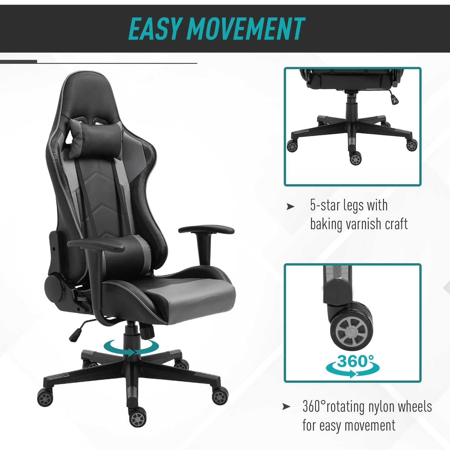 Vinsetto Gaming Chair, Computer Desk Chair, Racing Chair with Adjustable Height, Head Pillow and Lumbar Support for Adults, Black