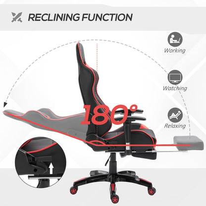 HOMCOM High-Back Gaming Chair Swivel Home Office Computer Racing Gamer Recliner Chair Faux Leather with Footrest, Wheels, Red Black