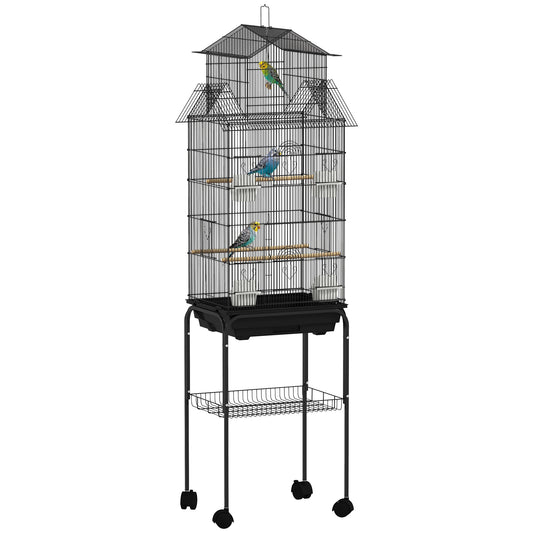 PawHut Metal Bird Cage with Plastic Swing, Perch, Food Container, Tray, Handle, for Finches, Canaries, Budgies, 43 x 32.5 x 163