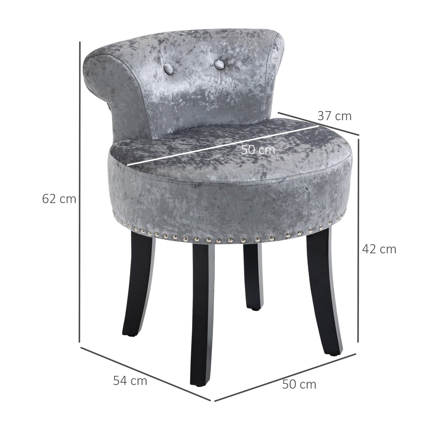 HOMCOM Dressing Table Stool with Rubber Wood Legs, Ice Velvet Vanity Stool for Living Room Bedroom, Grey