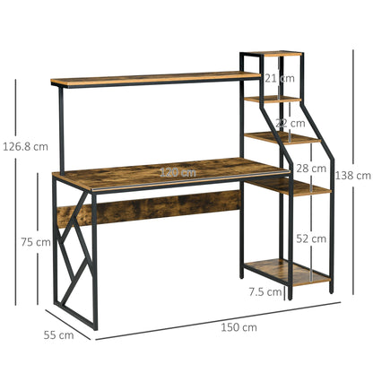 HOMCOM Computer Desk with Bookshelf, Industrial Writing Table with 6 Tier Storage Shelves for Home Office, Bedroom, Study, 150 x 55 x 138cm, Rustic Brown