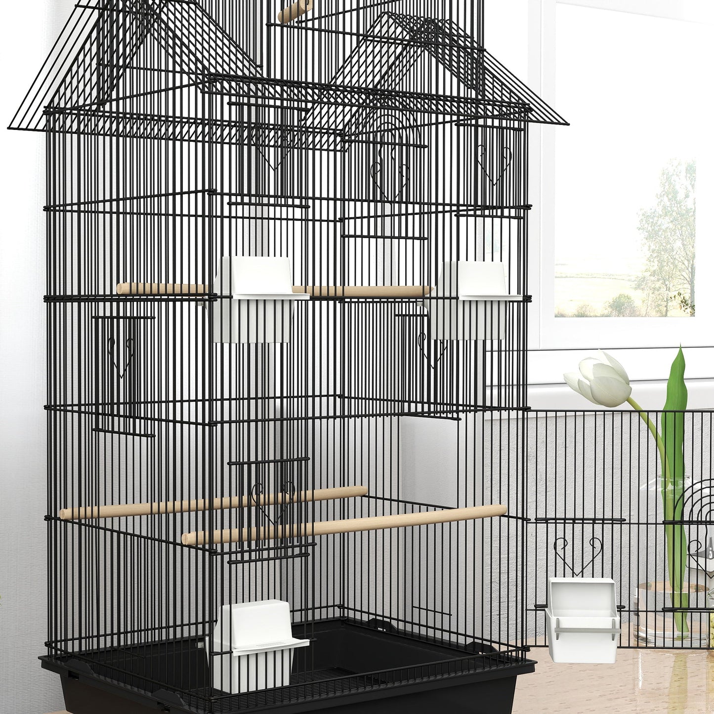 PawHut Metal Bird Cage with Plastic Swing, Perch, Food Container, Tray, Handle, for Finches, Canaries, Budgies, 43 x 32.5 x 163