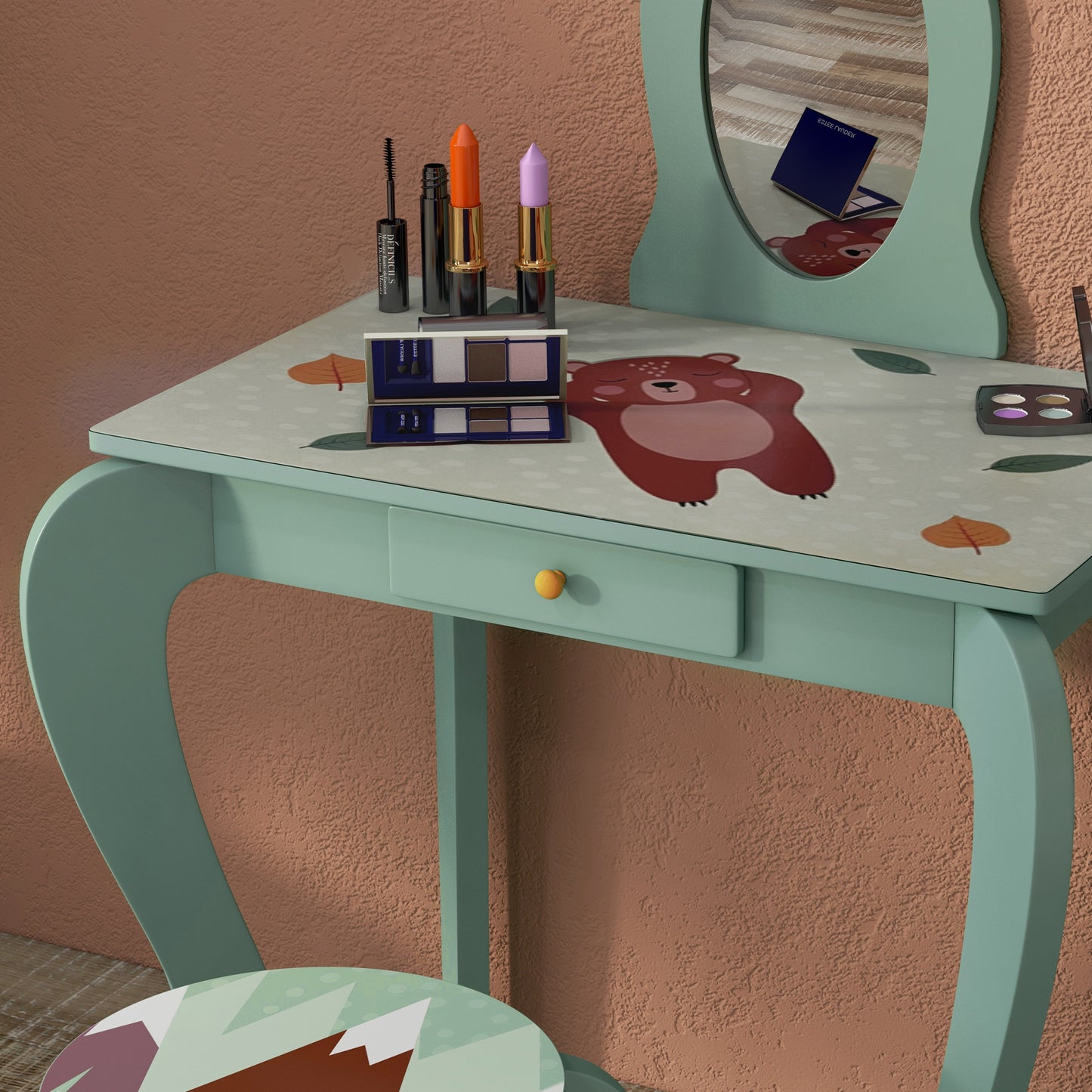 ZONEKIZ Kids Dressing Table with Mirror, Stool, Drawer, Cute Animal Design, Green