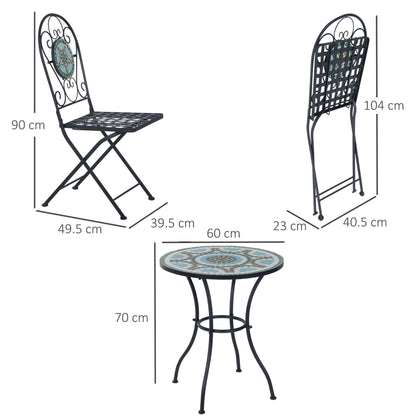 Outsunny 3PCs Bistro Set, Outdoor Metal Frame Mosaic Decoration Garden Table and Chair Set, Patio Folding Chairs Furniture Set