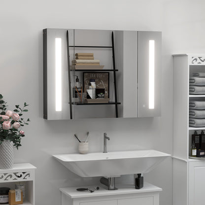 kleankin LED Bathroom Cabinet with Mirror, Wall Mounted Dimmable Brightness Storage Organiser with 3 Mirrored Doors and Adjustable Shelves, Memory Function, USB Charge, High Gloss Black