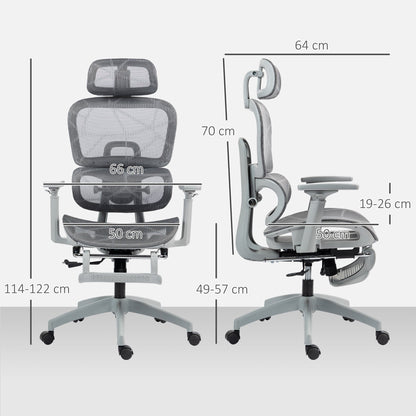 HOMCOM Executive Office Chair, Ergonomic Mesh High Back Desk Chair with Lumbar Support, Reclining Function, Swivel Computer Chair with 3D Armrest, Headrest, Footrest, Grey