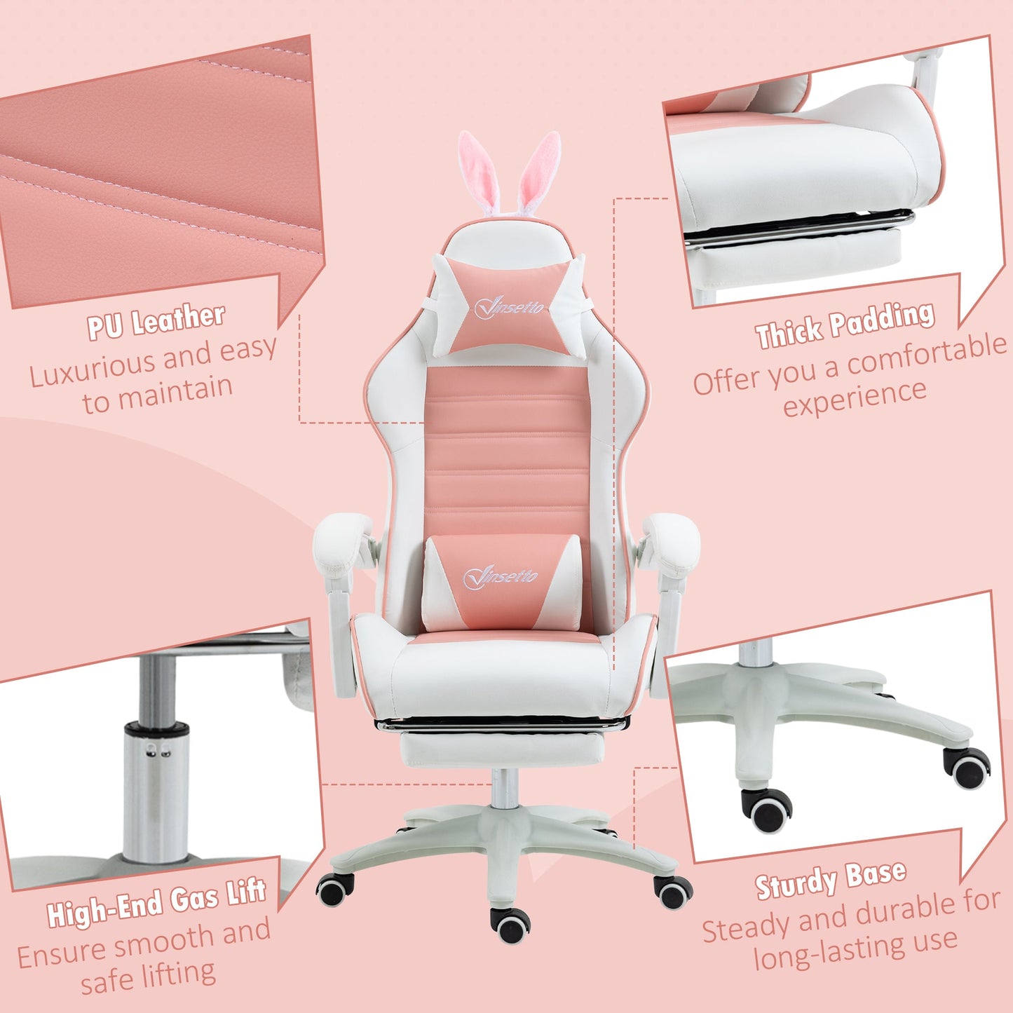 Vinsetto Racing Gaming Chair, Reclining PU Leather Computer Chair with Removable Rabbit Ears, Footrest, Headrest and Lumber Support, Pink