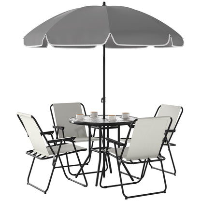 Outsunny 4 Seater Garden Furniture Set, 6 Pieces Garden Table and Chairs with Parasol, Outdoor Garden Dining Set with Folding Chairs and Round Glass Top Table for Patio, Cream White