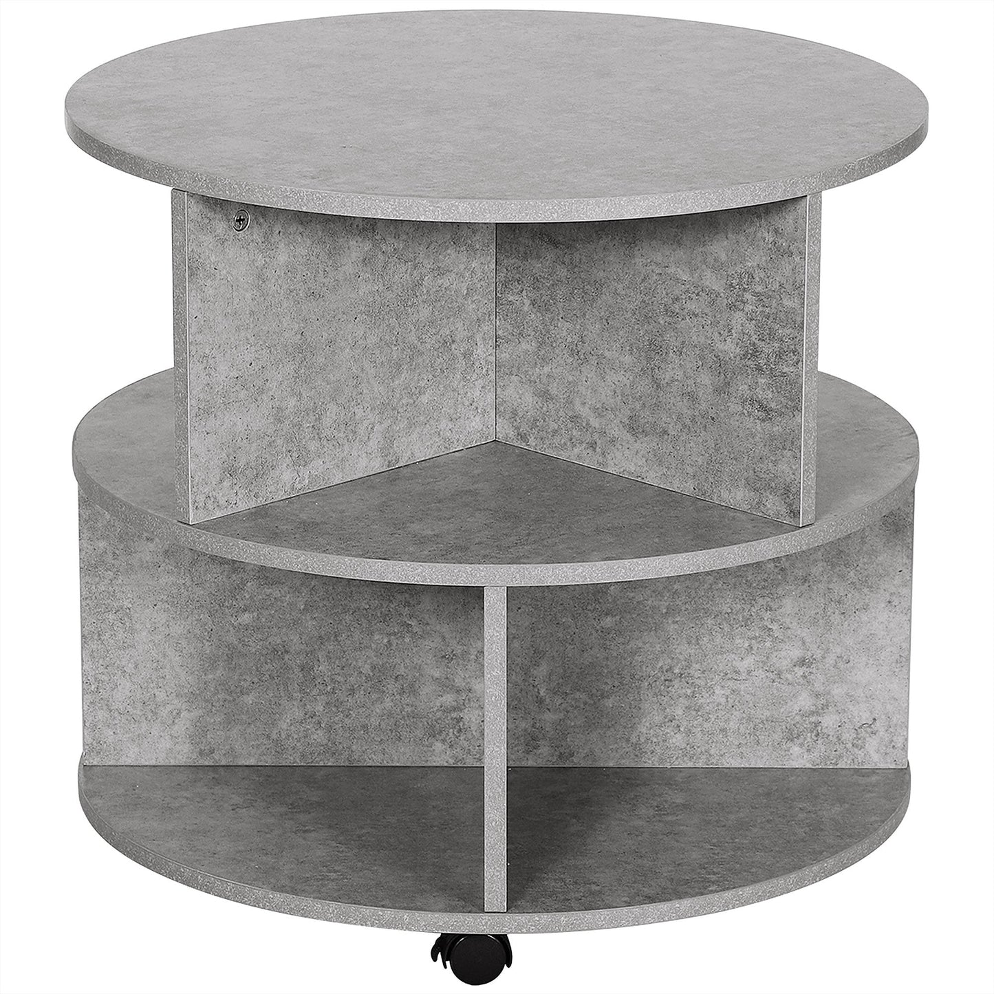 HOMCOM Round Coffee Table with Wheels, 3-Tier Rolling Side Table for Living Room with Divided Shelves, Cement Colour