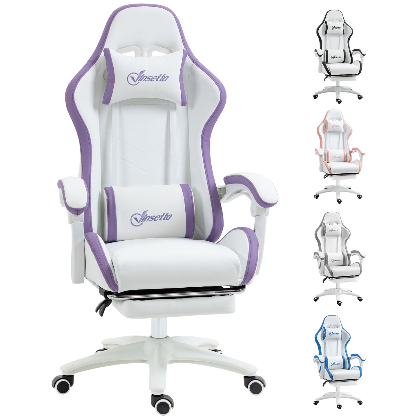 Vinsetto Computer Gaming Chair, PU Leather Desk Chair with Footrest, Swivel Task Chair with 135√Ç¬∞ Reclining Back and Lumbar Support, PC Chair for Adults, White and Purple