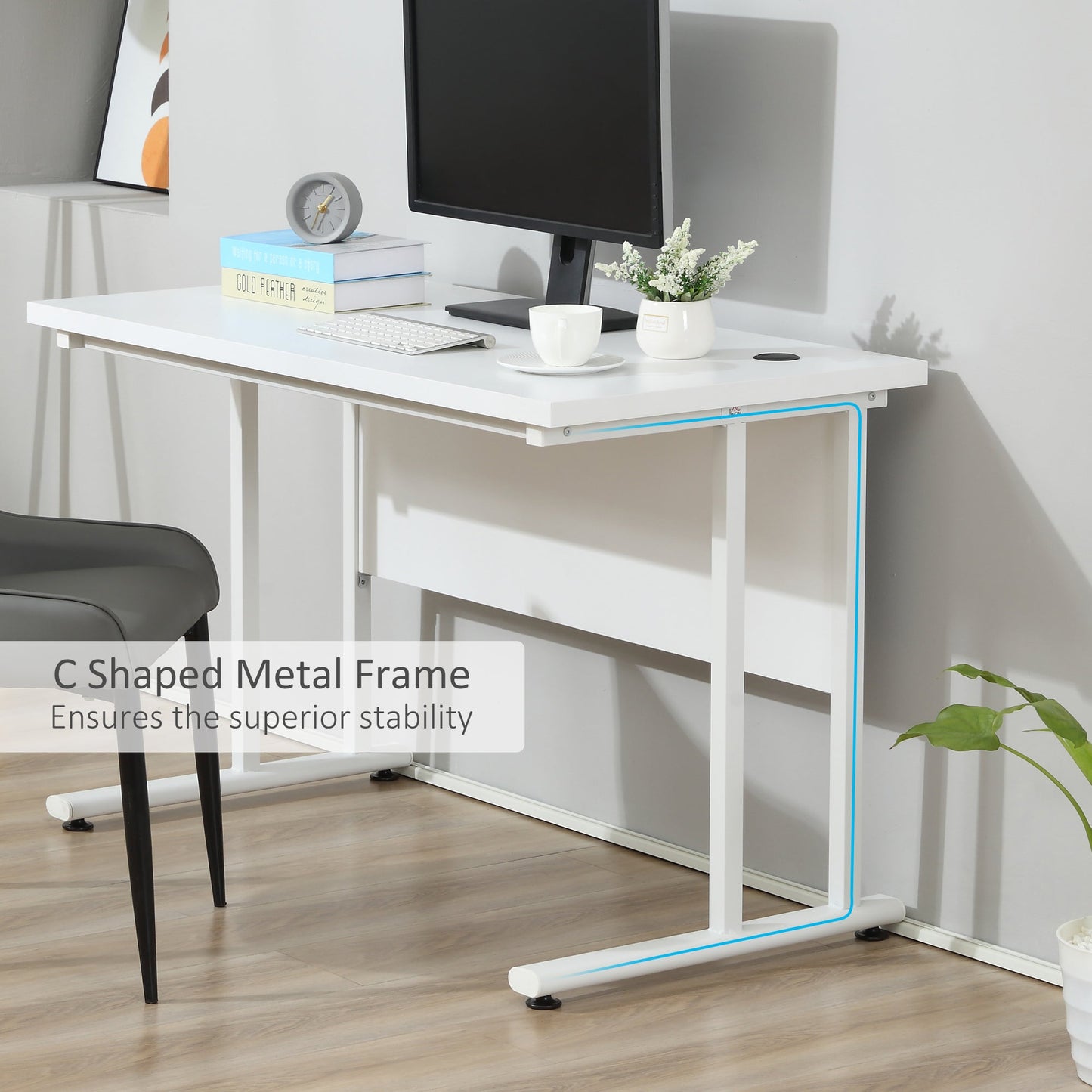 HOMCOM Computer Desk, Home Office Desk, Writing Table, 120x60x75cm Laptop Workstation with 2 Cable Management Holes, C Shaped Metal Legs for Adults, White