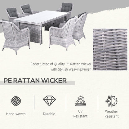 Outsunny 6 Seater Rattan Dining Set, Round PE Rattan Garden Furniture Set with Seat and Back Cushions, Aluminium Outdoor Dining Table and Chairs with 6 Armchairs, Rectangular Glass Top Table, Grey