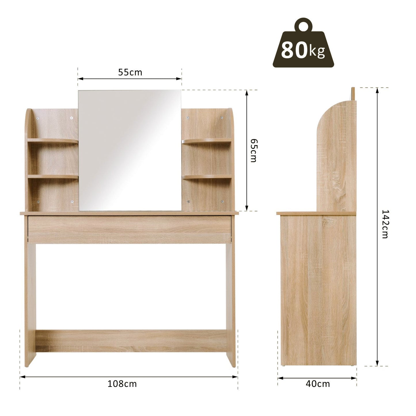 HOMCOM Modern Dressing Table Writing Desk W/ Mirror, Big Drawers, 2-Tier Open Shelf For Home Bedroom Natural