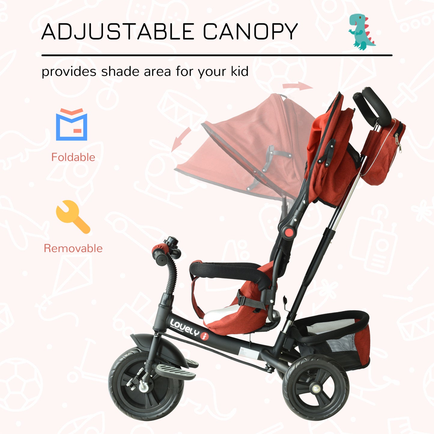 HOMCOM 4 in 1 Tricycle for Kids Toddler Trike with Parent Handle Push Along Pedal Trike Removable Canopy Safety Belt Storage Footrest for 18 Months to 5 Years Red