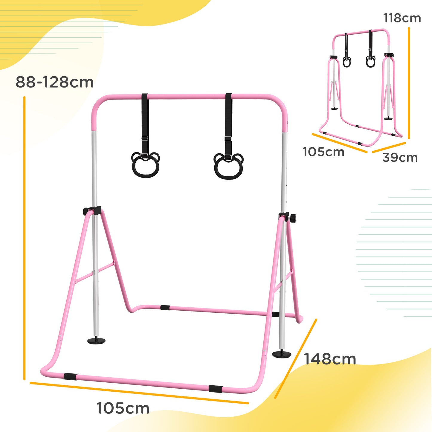 HOMCOM Adjustable Height, Foldable Kids Gymnastics Bar w/ Non-Slip Mats, for 3+ Years, Pink