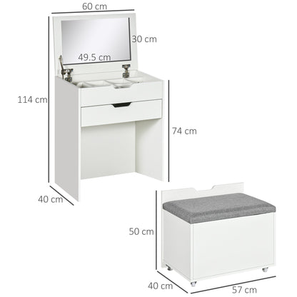 HOMCOM Dressing Table with Flip-up Mirror and Storage Stool, Vanity Table with Drawer and Hidden Compartments for Bedroom, Living Room, White