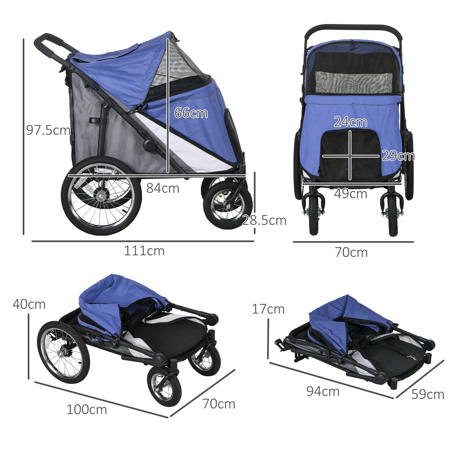 PawHut Foldable Pet Stroller, with Washable Cushion, Storage Bags, Safety Leash, for Medium, Large Dogs, Catts, Travel - Blue