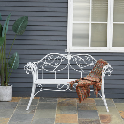 Outsunny 2 Seater Garden Bench, Antique Outdoor Double Seat Chair with Decorative Cast Iron Backrest for Backyard Porch, White