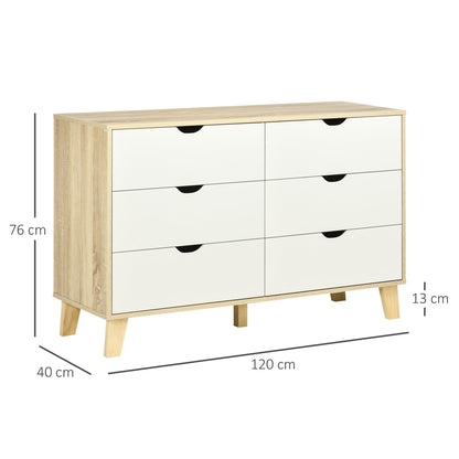 HOMCOM Bedroom Chest of Drawers, Wide 6-Drawer Dresser, Storage Drawer Unit with Wood Legs for Living Room, White and Light Brown