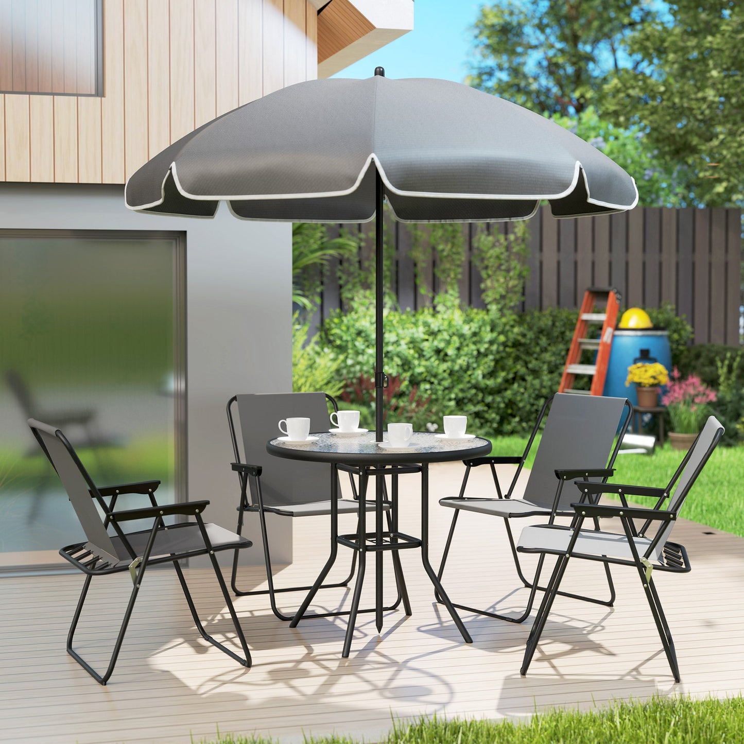 Outsunny 4 Seater Garden Furniture Set, 6 Pieces Garden Table and Chairs with Parasol, Outdoor Garden Dining Set with Folding Chairs and Round Glass Top Table for Patio, Grey