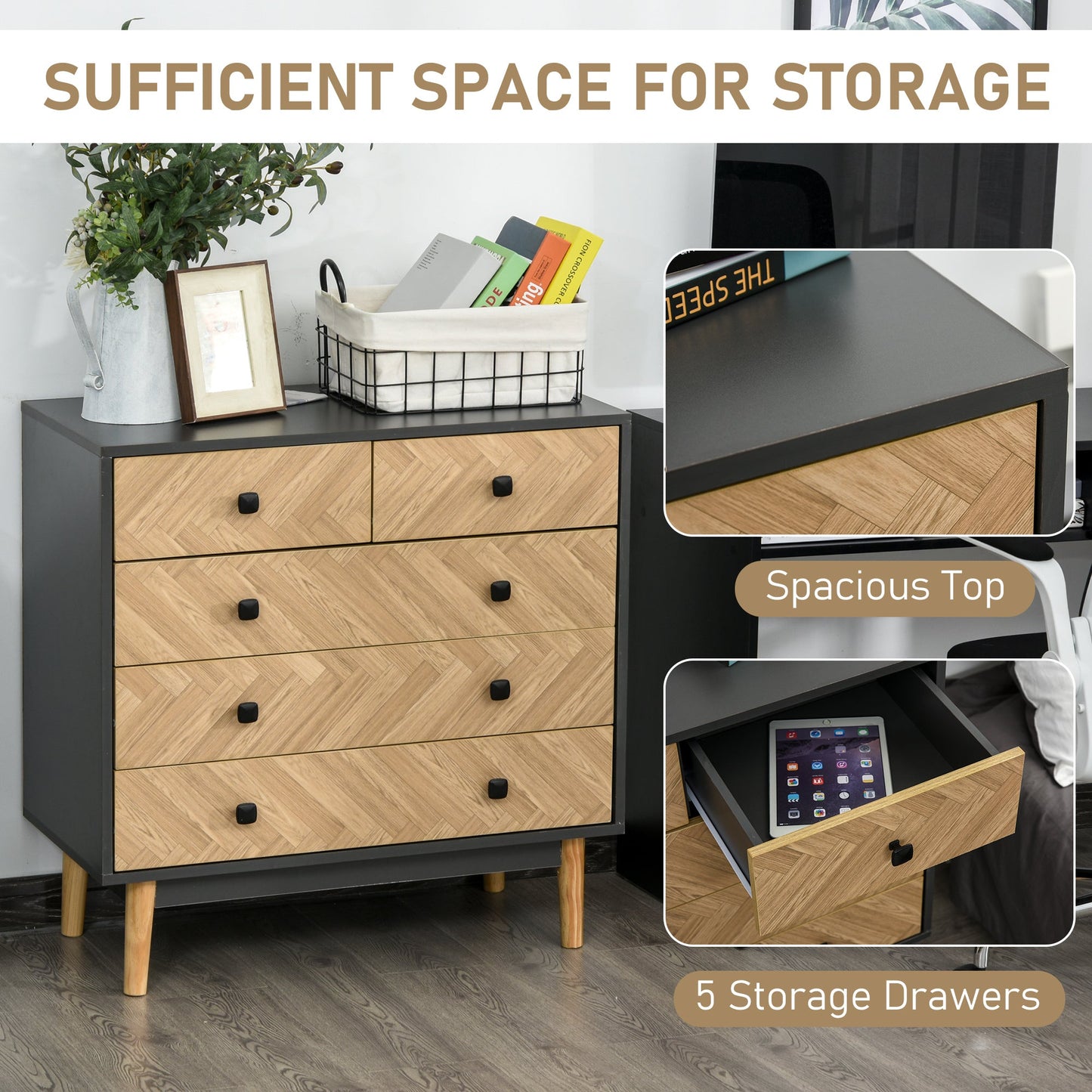 HOMCOM Chest of Drawers, 5 Drawer Storage Cabinet Sideboards with Metal Handles Freestanding Dresser for Bedroom, Living Room