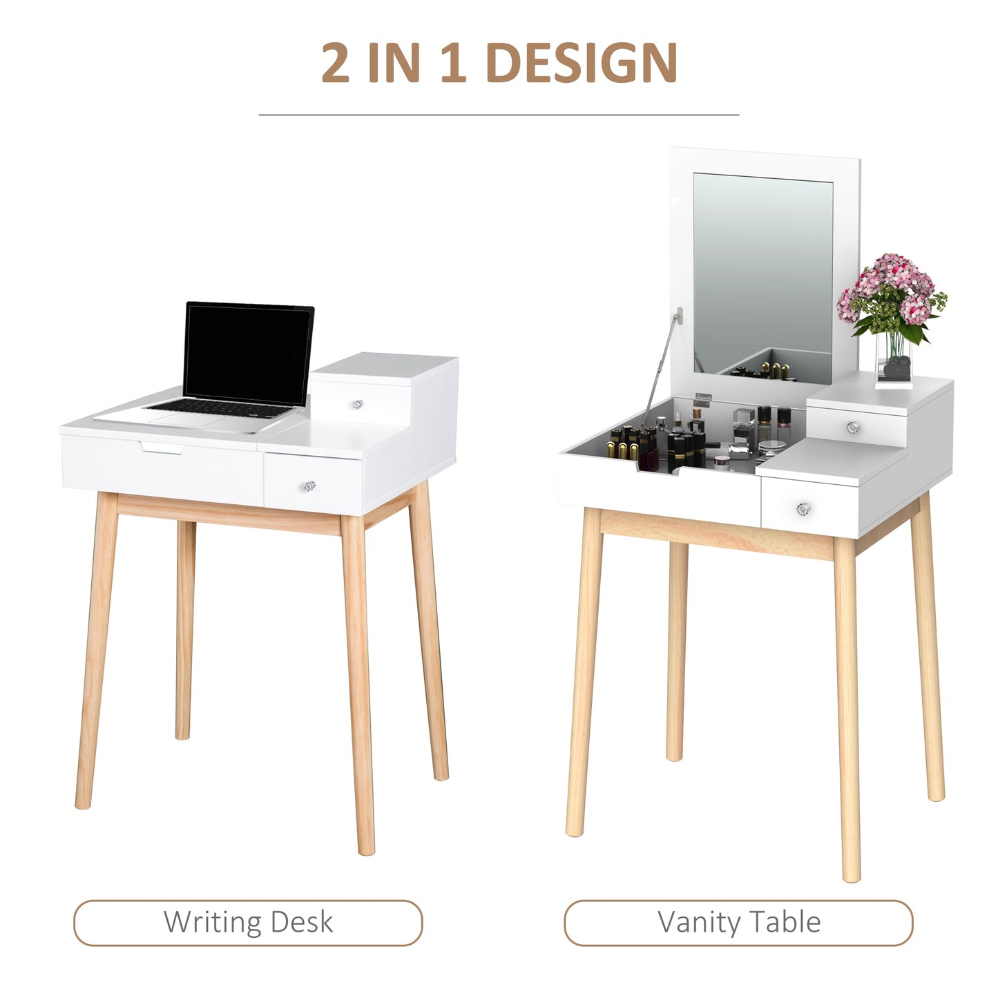 HOMCOM Dressing Table with Flip-up Mirror, Makeup Desk with 2 Drawers, Vanity Table Writing Desk for Bedroom Living Room, White